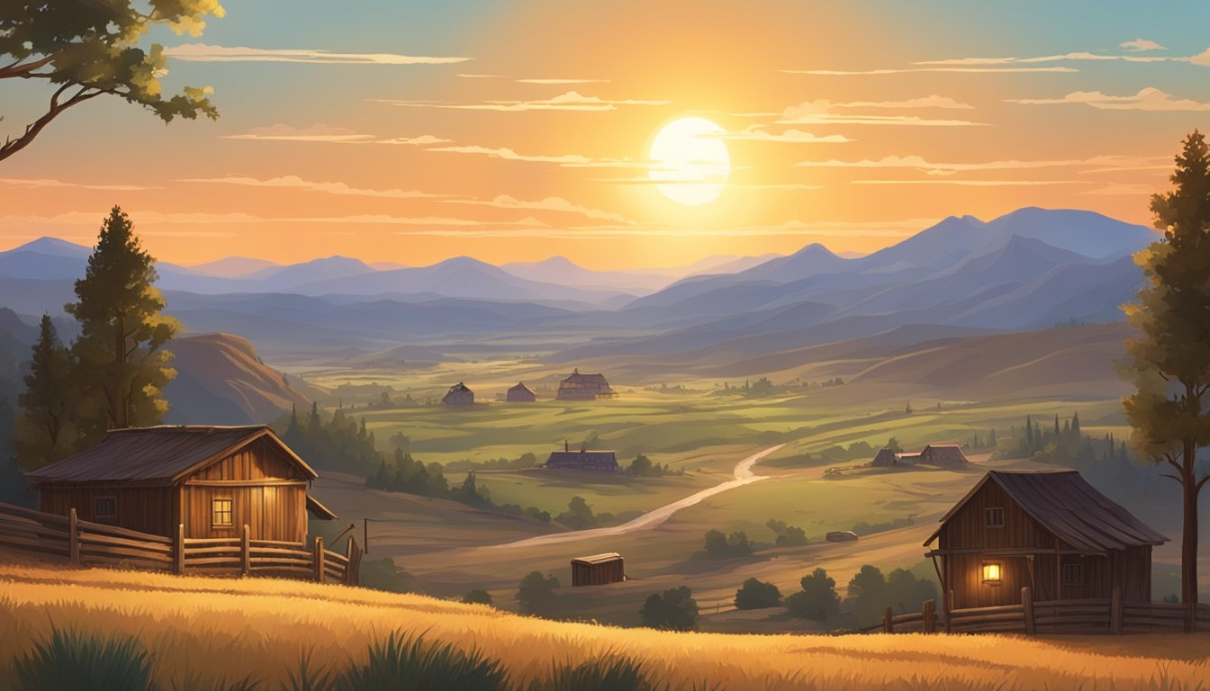 A picturesque western landscape with a rugged terrain, rolling hills, and a rustic town in the distance. The sun sets behind the mountains, casting a warm glow over the scene