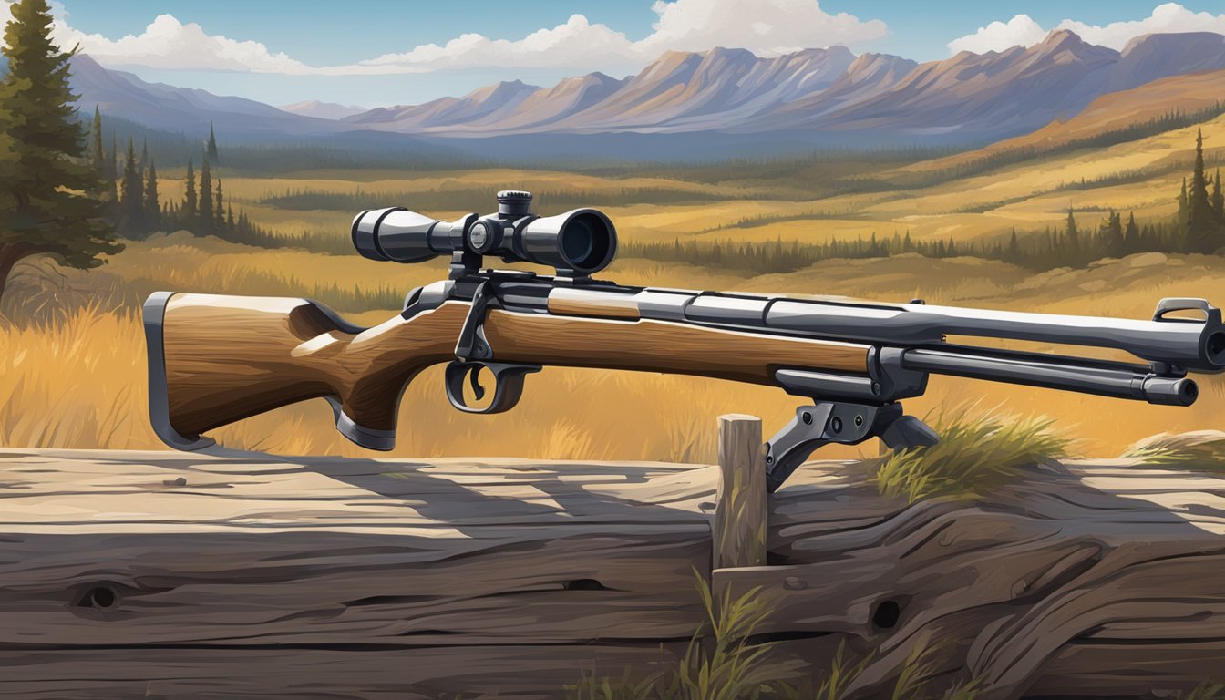 A lone rifle leans against a weathered wooden fence, surrounded by the rugged beauty of the western landscape