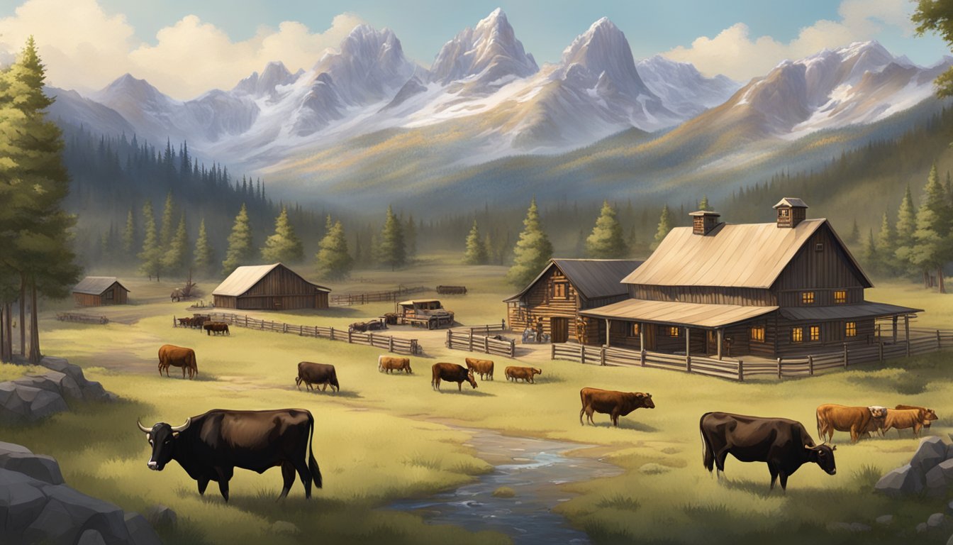 A sprawling ranch with cattle, rugged mountains, and a grand lodge nestled in the wilderness