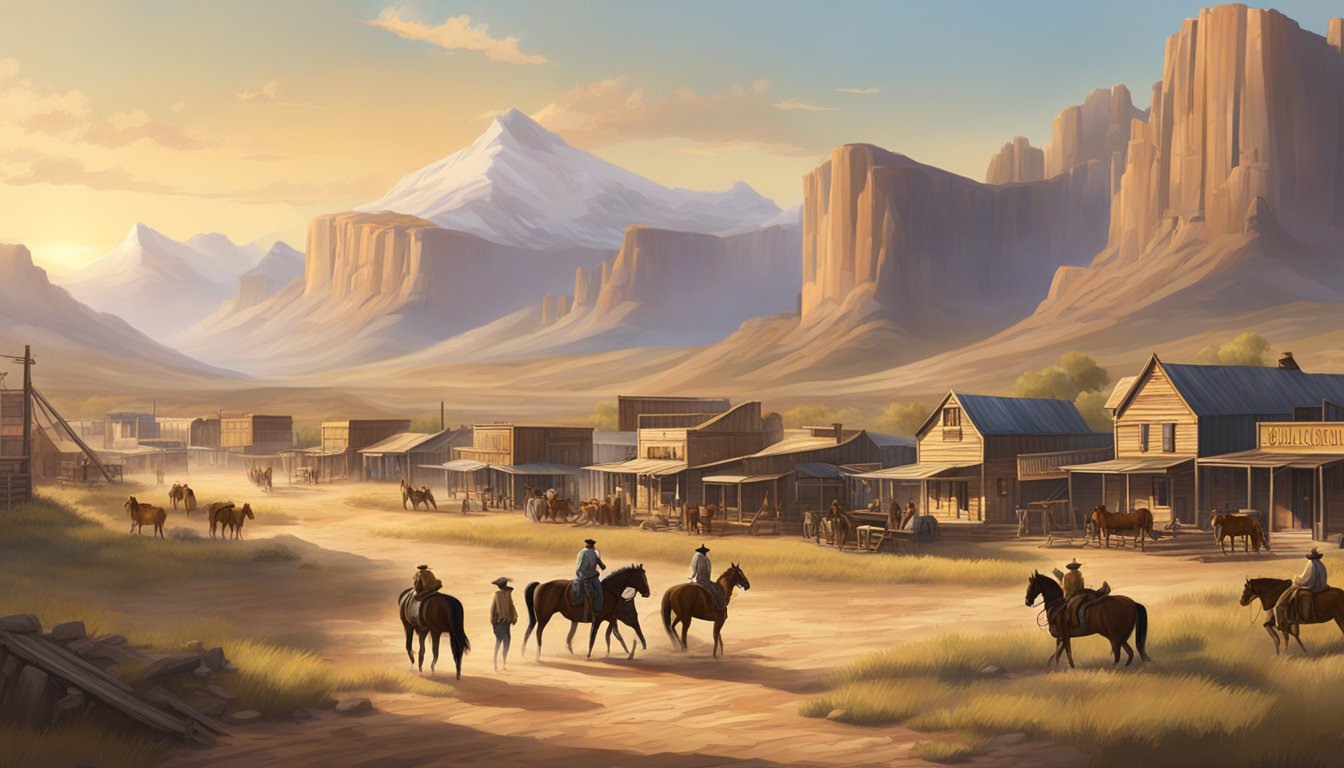 A dusty, sun-drenched frontier town with saloons and horses, set against a backdrop of rugged mountains and endless plains