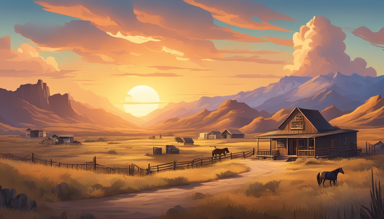 A wild west landscape with a ranch and a small town, set against a backdrop of rugged mountains and a dramatic sunset