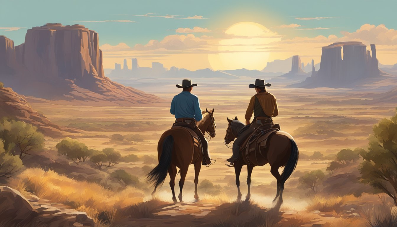 A tense standoff between two rugged cowboys on horseback, set against the backdrop of a sprawling, sun-drenched Western landscape