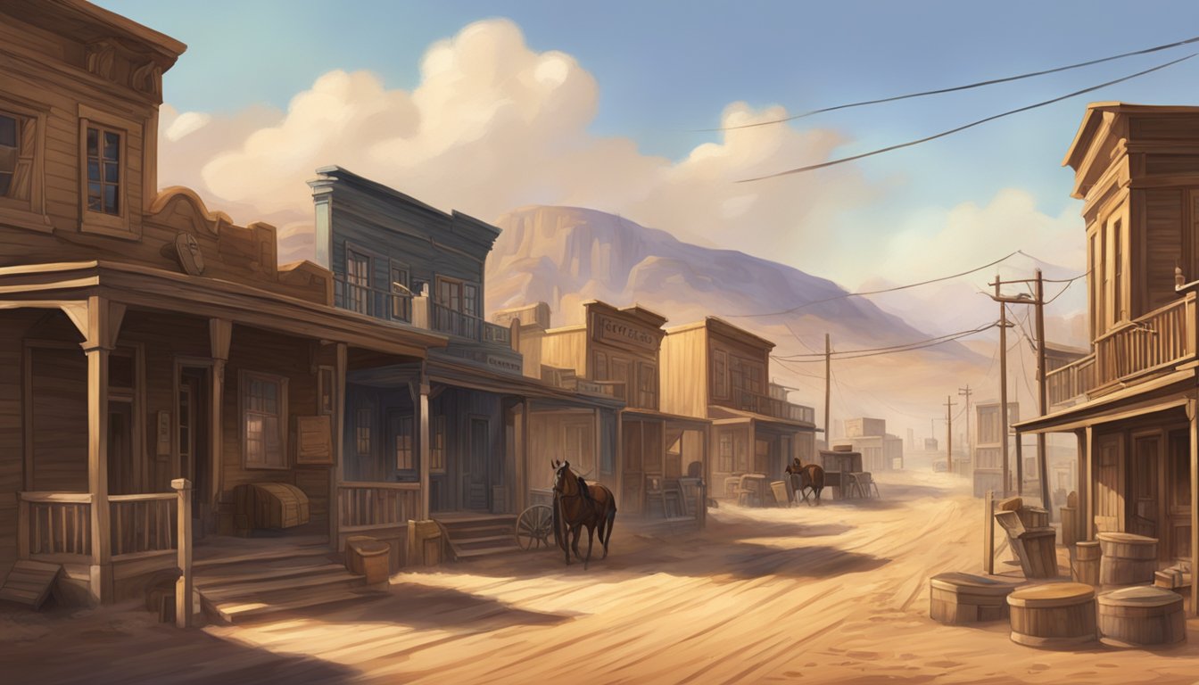 A dusty, sun-drenched western town with a saloon and rugged landscape in the background