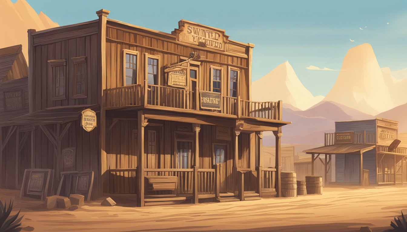 A dusty, rugged Western town with a saloon and wanted posters plastered on wooden buildings. A lone sheriff's badge glints in the sunlight