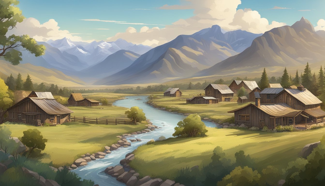 A sprawling ranch with rugged mountains in the background, a river cutting through the landscape, and a rustic town nestled in the valley