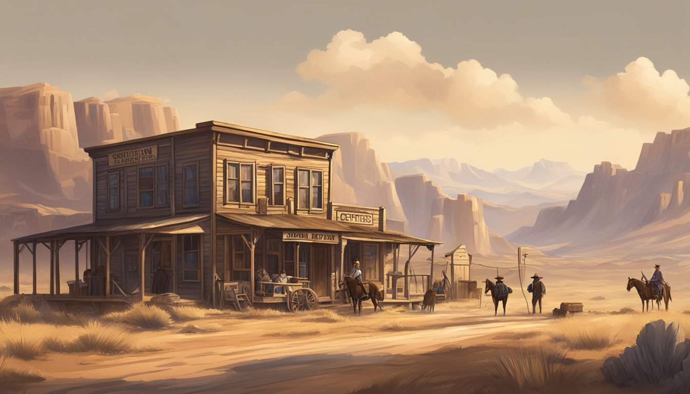 A dusty western town with a saloon and sheriff's office, surrounded by rugged mountains and open plains