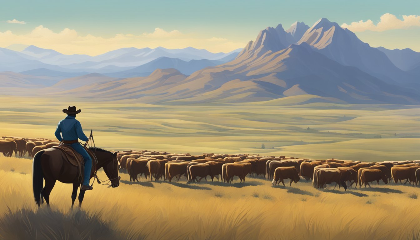 A rugged cowboy on horseback surveys a vast, rugged landscape with mountains in the distance. A herd of cattle grazes in the foreground