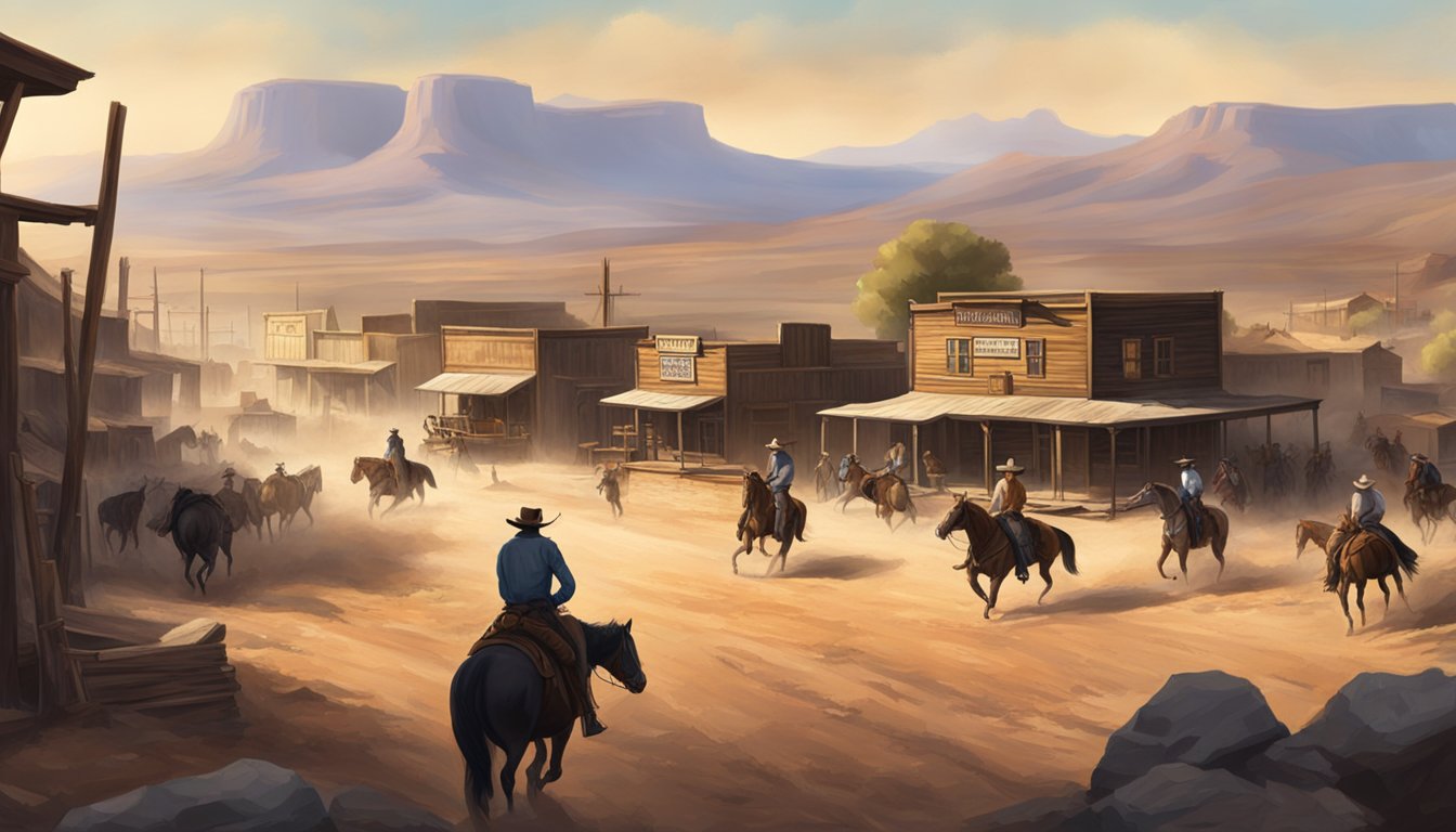 A dusty western town with a saloon and rugged landscape in the background, with a showdown between two rival groups of cowboys