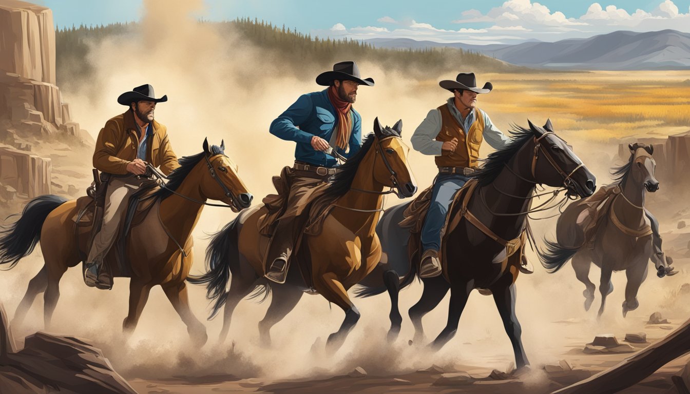 A dramatic showdown between two iconic TV western shows, Yellowstone and The Virginian, with rugged landscapes and iconic symbols of the Wild West