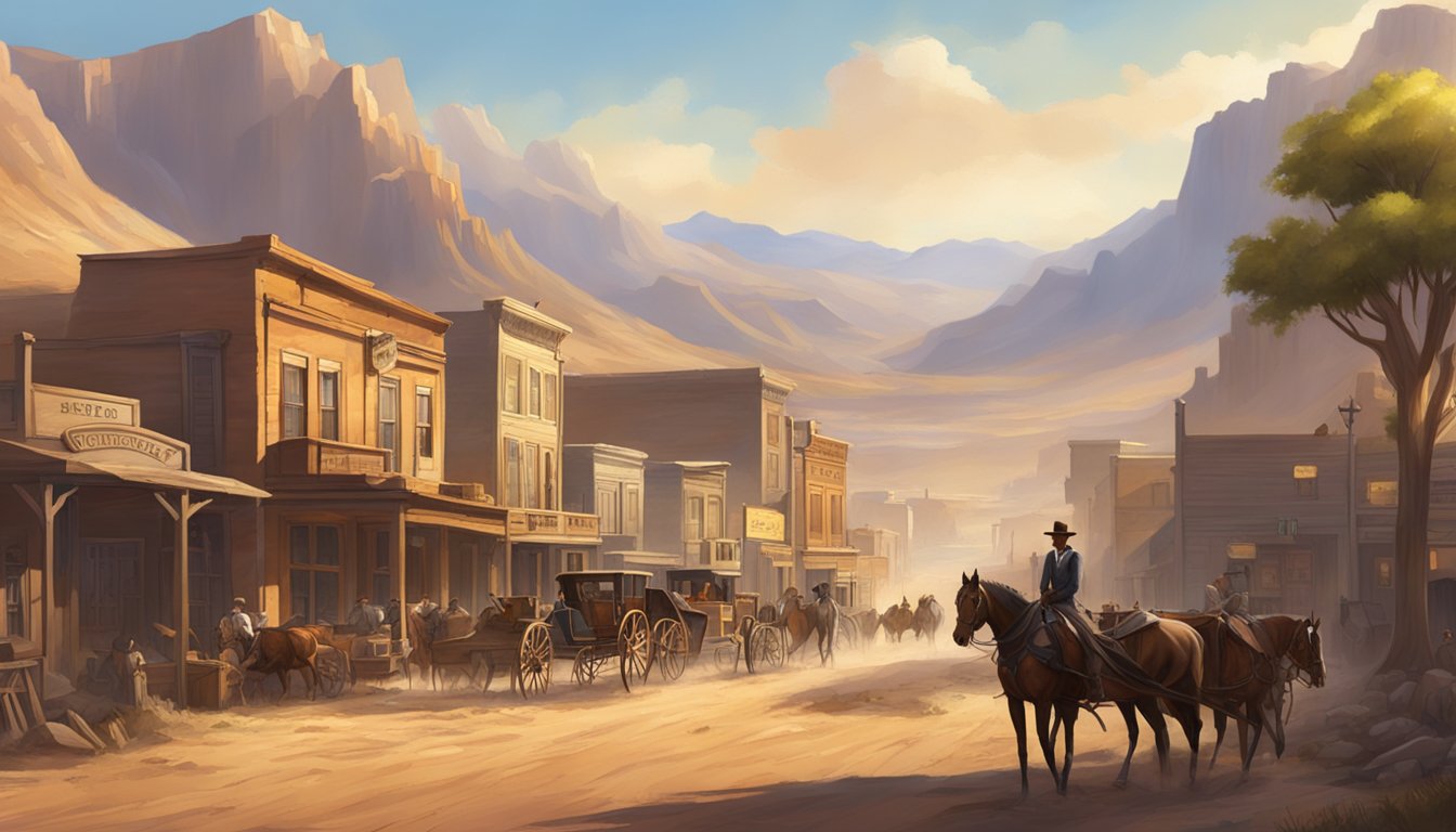 A dusty, sun-drenched western town with saloons and horse-drawn carriages, surrounded by rugged mountains and vast open plains