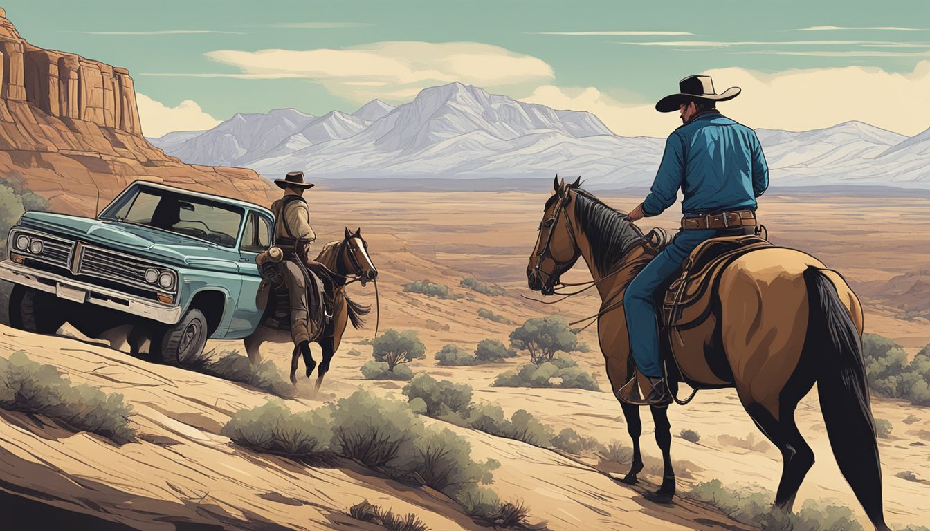 A dramatic showdown between two iconic TV western landscapes, one rugged and untamed, the other serene and timeless