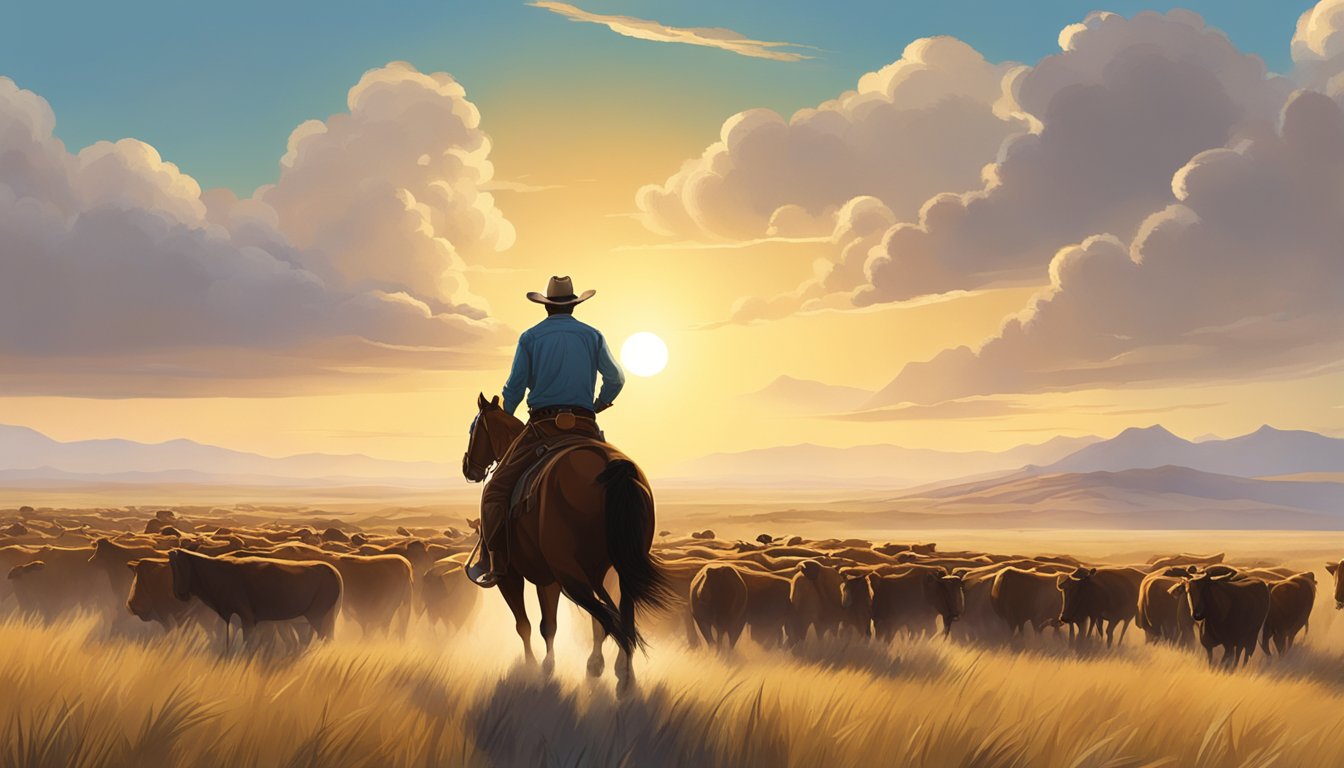 A rugged cowboy on horseback herding cattle across a vast, sun-drenched prairie