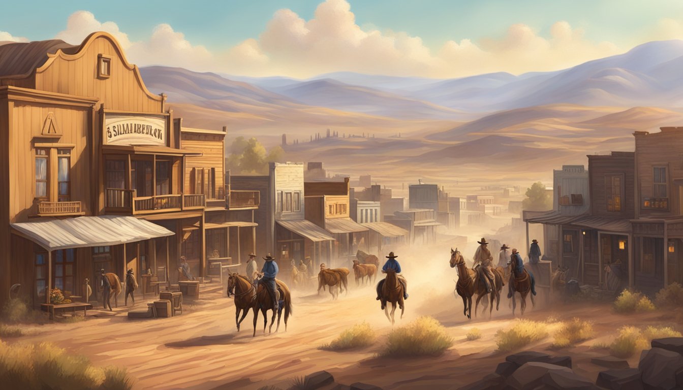 A dusty, sun-drenched western town with saloons and cowboys. A rugged landscape with rolling hills and a sprawling ranch