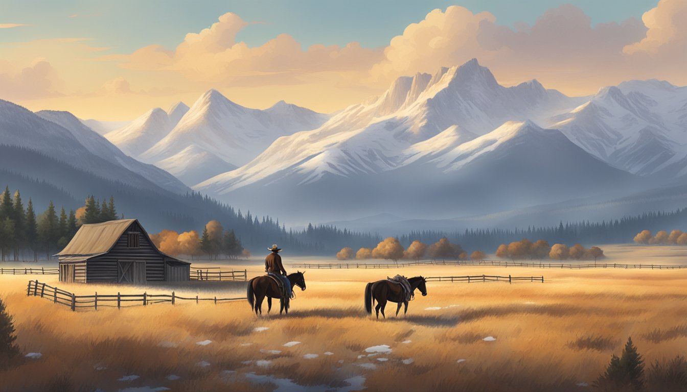 A rugged cowboy stands in front of a vast, sprawling ranch with snow-capped mountains in the background, while horses graze in the distance