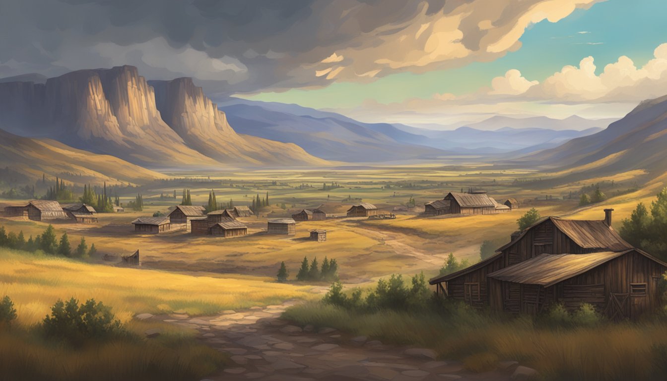 A rugged, sprawling Western landscape with a rustic town in the distance, surrounded by rolling hills and a dramatic sky