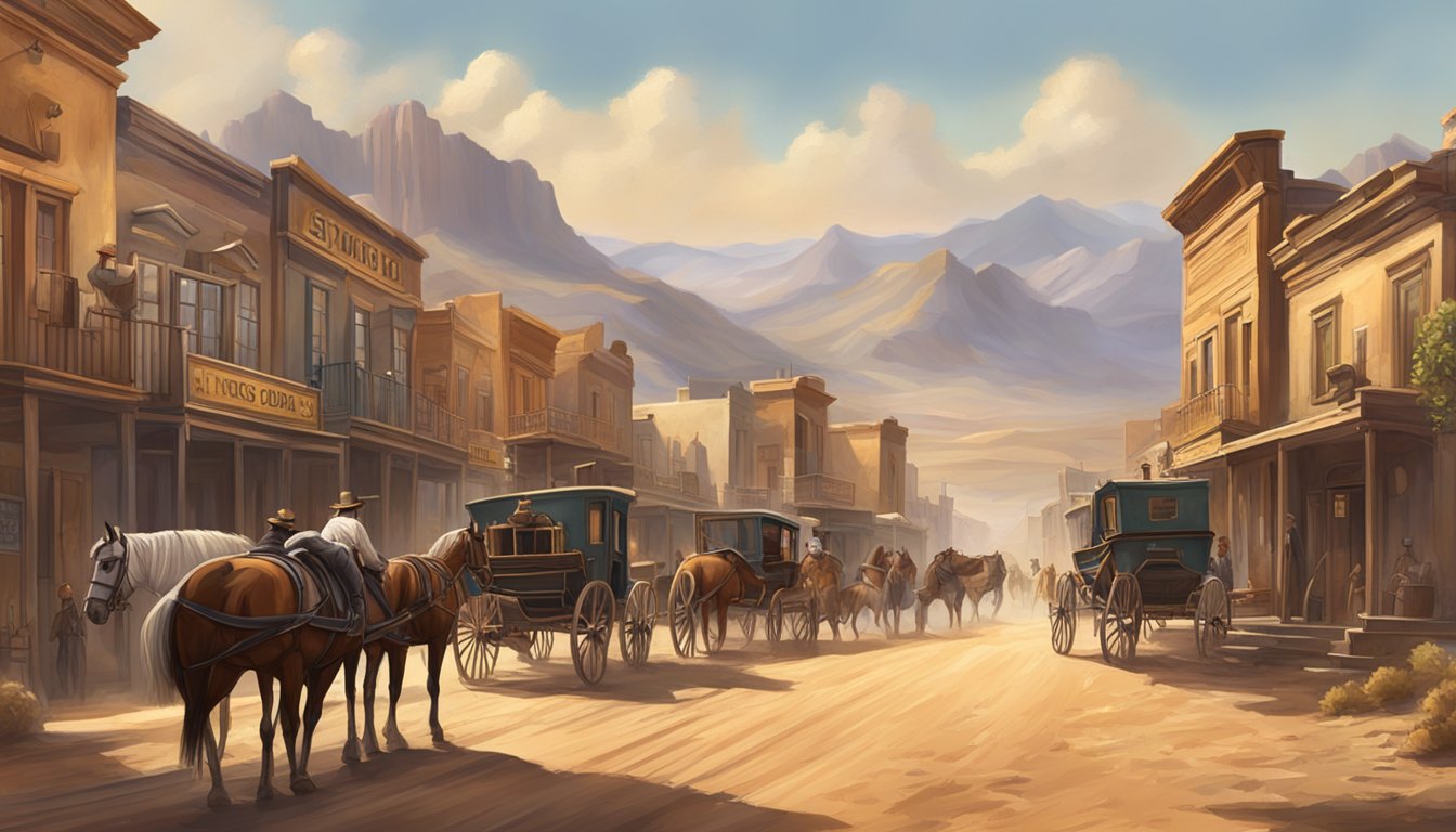 A dusty, sun-drenched western town with saloons and horse-drawn carriages, surrounded by rugged mountains and sprawling plains