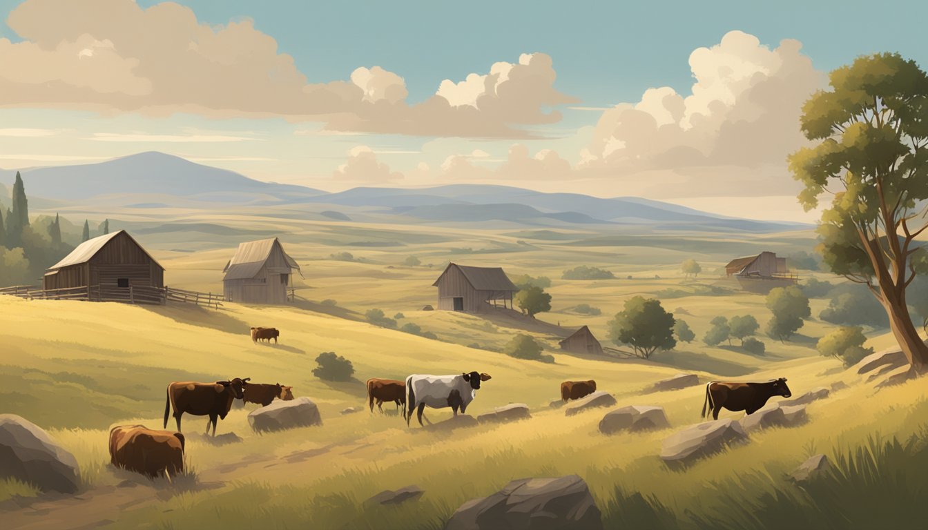 A dusty, rugged landscape with rolling hills, a rustic homestead, and a herd of cattle grazing under a big, open sky