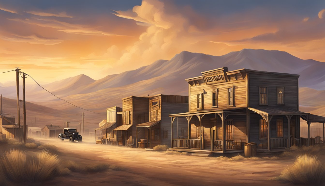 A dusty western town with a saloon and a sheriff's office, surrounded by rolling hills and a dramatic sky