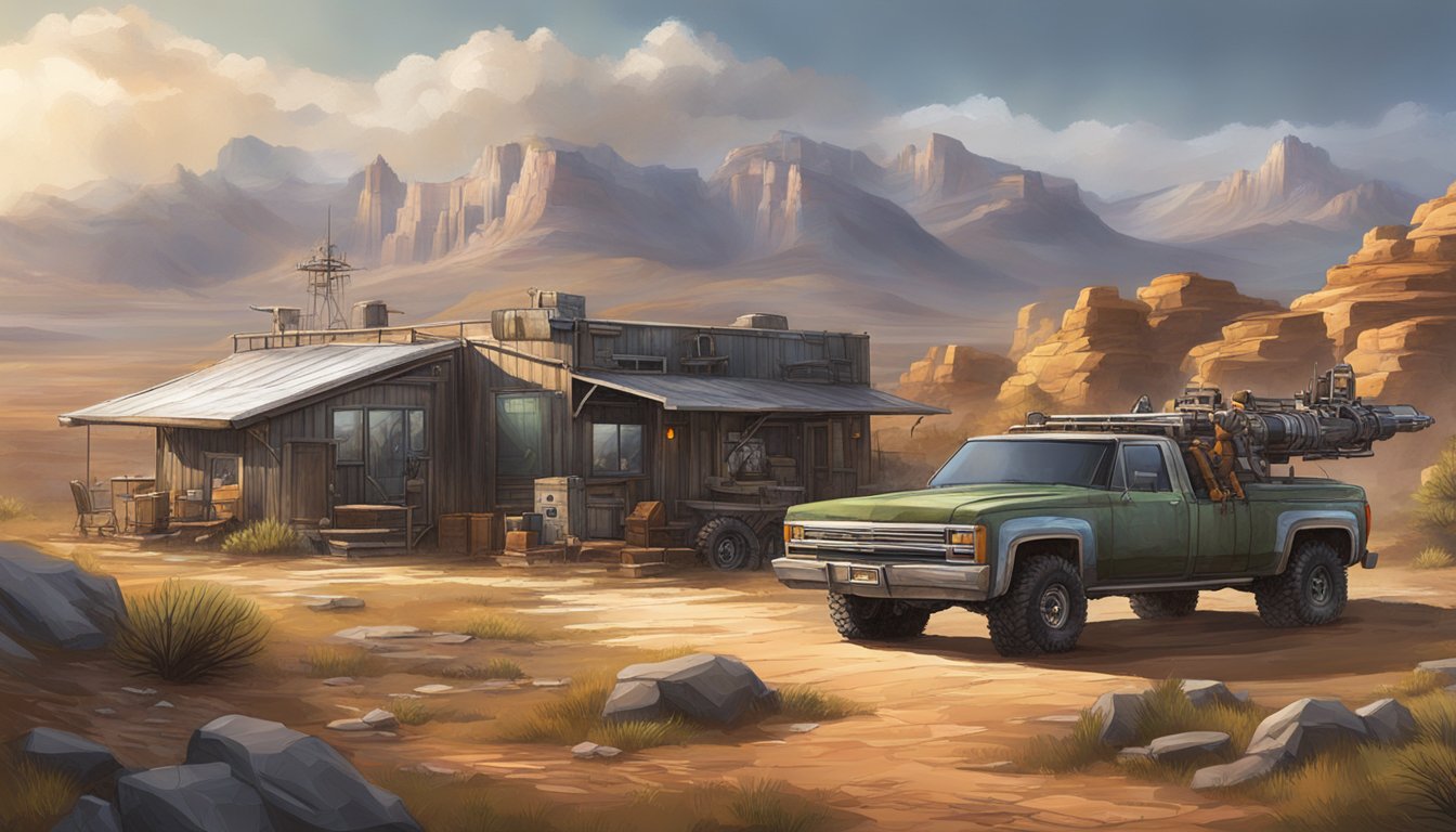 A rugged, untamed landscape with a mix of modern and rustic elements, featuring both cowboy and futuristic technology