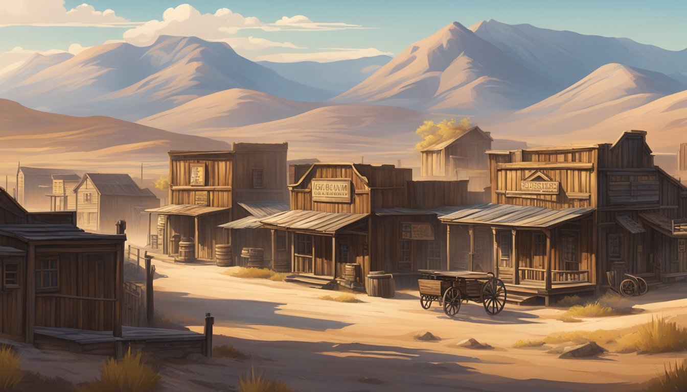 A dusty, rugged Western town with wooden buildings, a saloon, and a backdrop of rolling hills and mountains