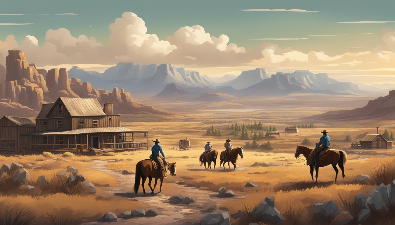 A rugged landscape with a sprawling ranch and cowboys on horseback, contrasted with a supernatural western town with a mix of modern and old-fashioned elements