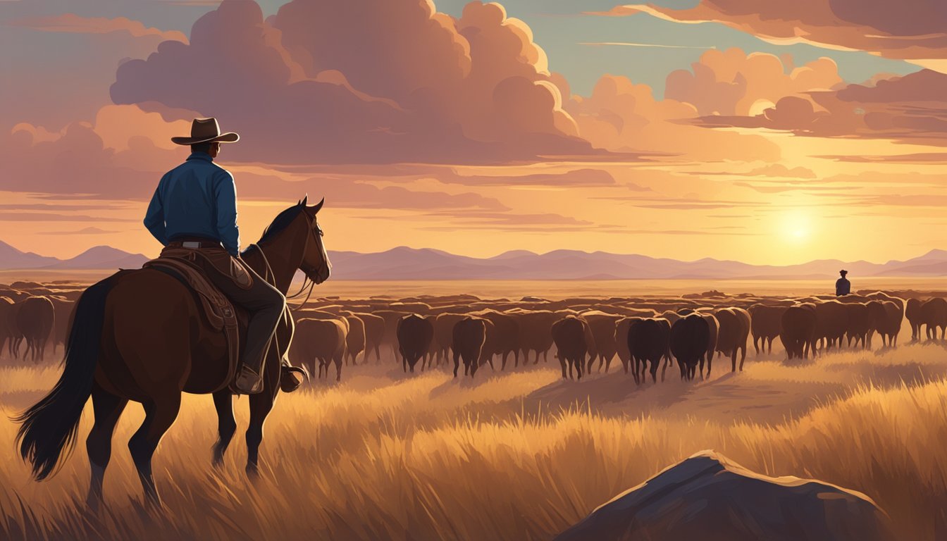 A rugged landscape with a rustic saloon and a herd of cattle. A cowboy on horseback surveys the vast open plains under a dramatic sunset