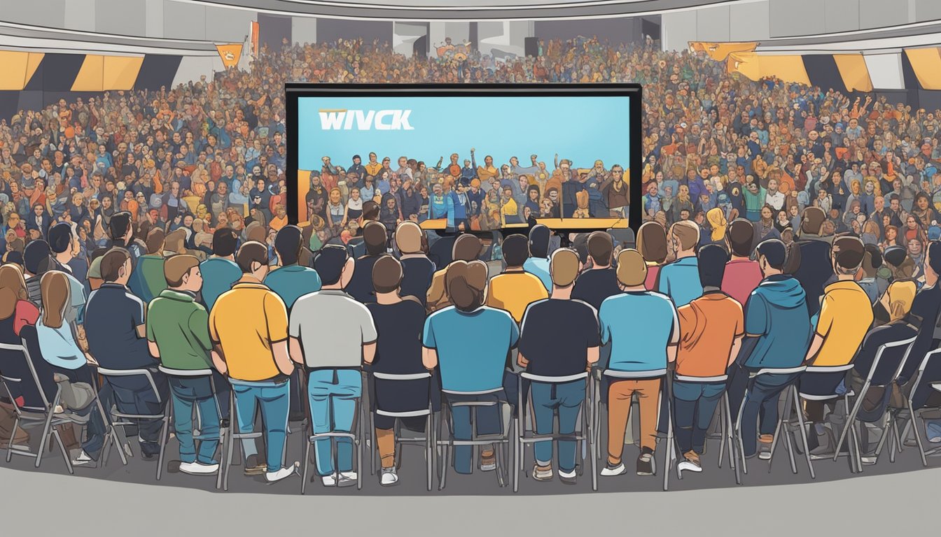 Two TV show logos displayed on a large screen at a fan convention, surrounded by enthusiastic fans wearing merchandise and engaging in lively debate