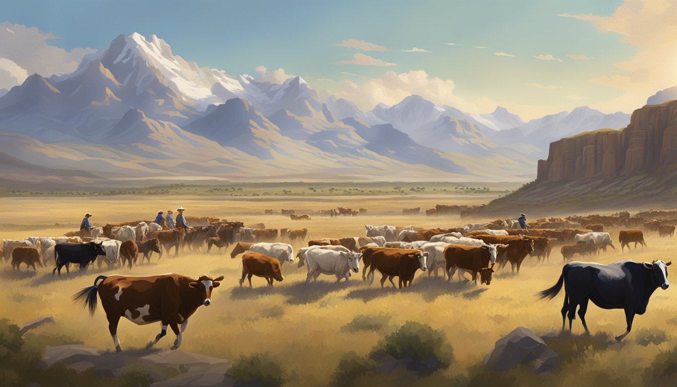 A sprawling ranch with cowboys herding cattle, set against a backdrop of rugged mountains and vast open plains