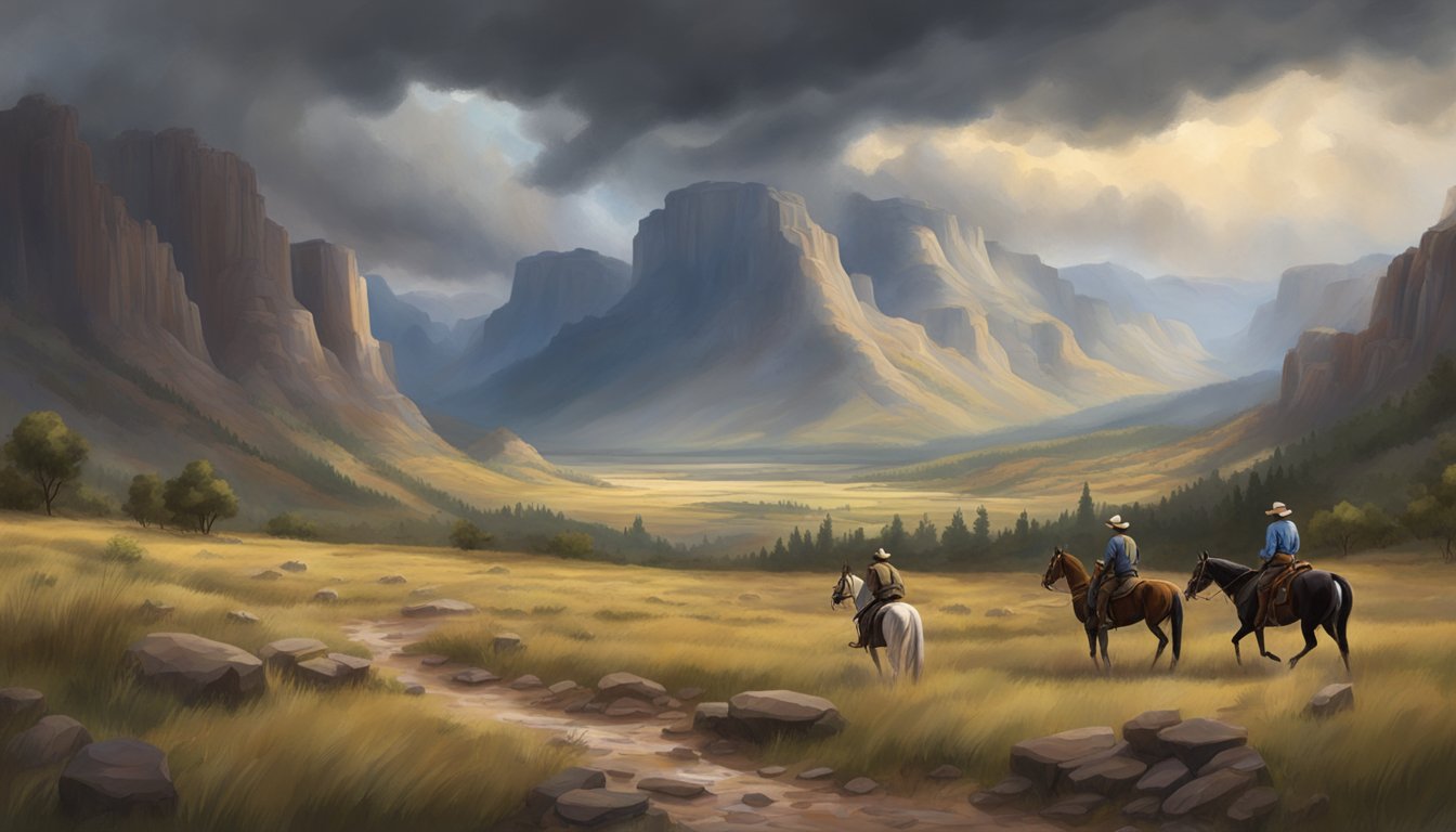 A rugged, mountainous landscape with a sprawling ranch and cowboys on horseback. A stormy sky looms overhead, setting the stage for a showdown