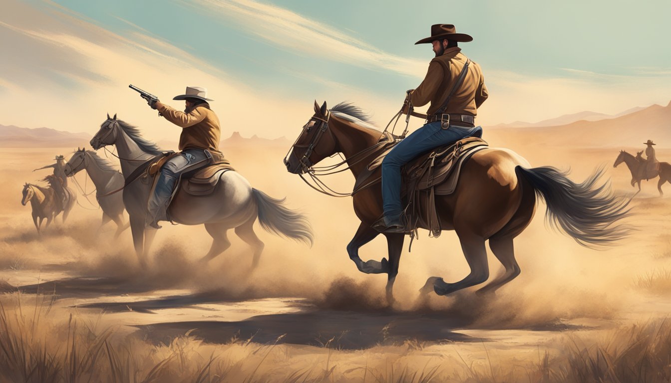 A dramatic showdown between two rival cowboy gangs on a dusty, sun-drenched prairie, with horses rearing and guns drawn