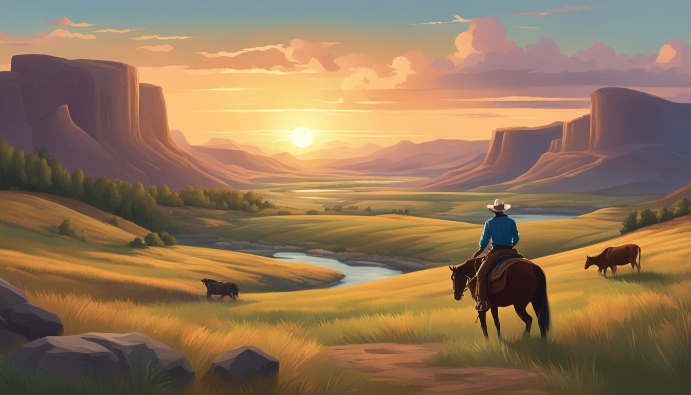 A vast, rugged landscape with rolling hills, a winding river, and a dramatic sunset. A lone cowboy rides on horseback, herding cattle in the distance