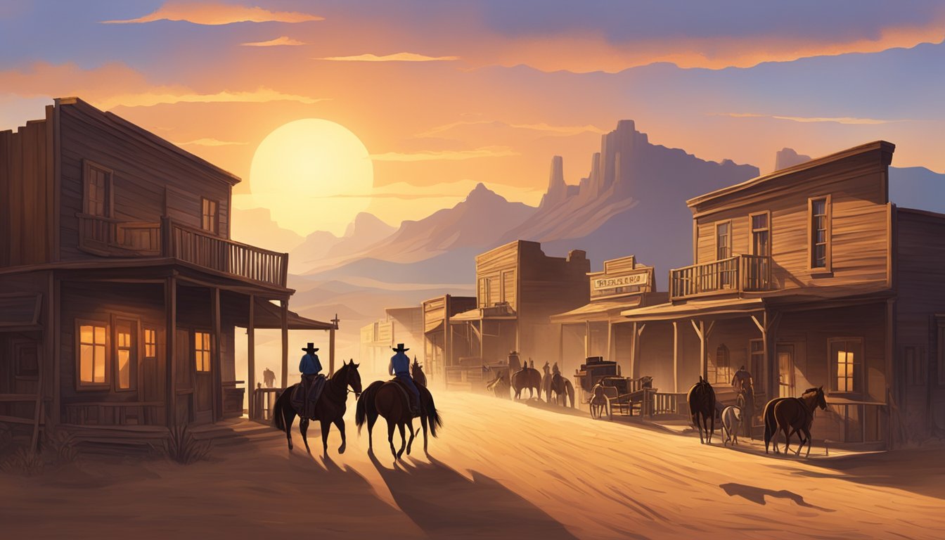 A dusty western town with a saloon, horses, and cowboys. A dramatic sunset casts long shadows across the rugged landscape