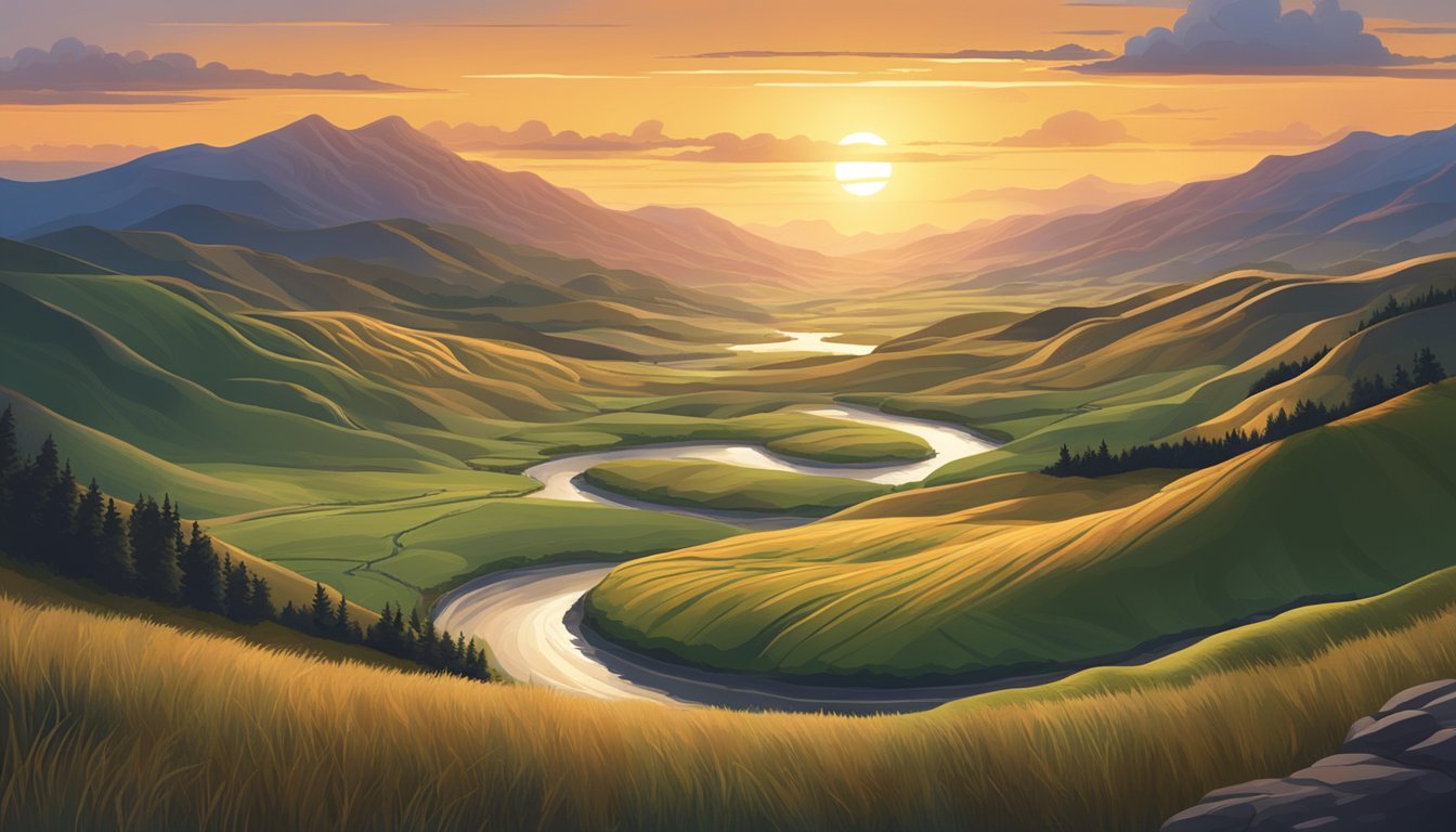 A sprawling, rugged landscape with rolling hills, a winding river, and a dramatic sunset