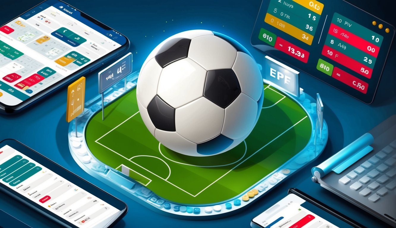 Sebuah bola sepak dikelilingi oleh odds taruhan dan platform online yang terpercaya