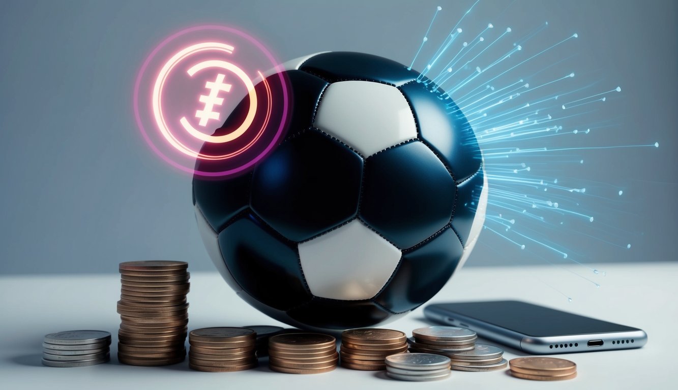 Sebuah bola sepak dengan simbol deposit yang berdenyut dikelilingi oleh tumpukan koin dan sebuah ponsel yang memancarkan gelombang