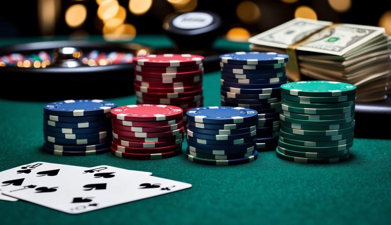 Sekelompok chip poker dan kartu bermain yang disusun di atas meja felt hijau, dengan tombol dealer dan tumpukan uang tunai di latar belakang