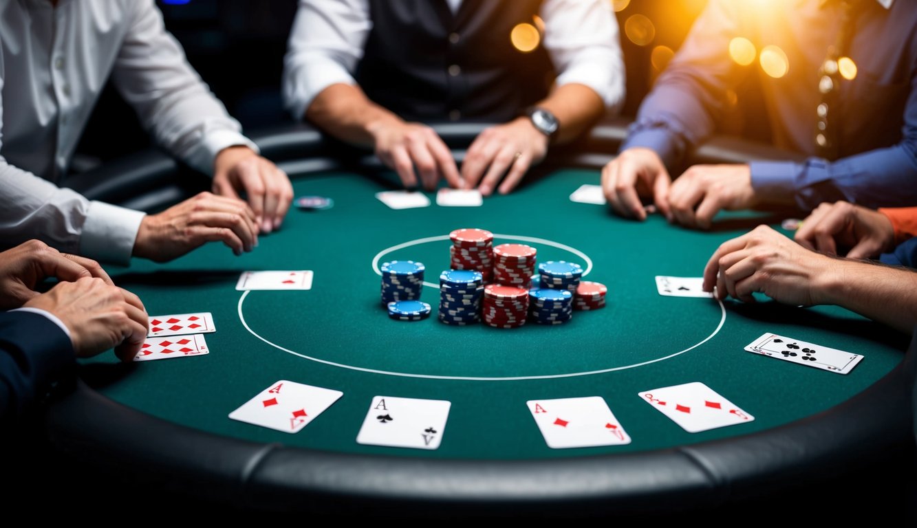 Sebuah meja poker digital dengan kartu dan chip, dikelilingi oleh sekelompok pemain yang berinteraksi secara online