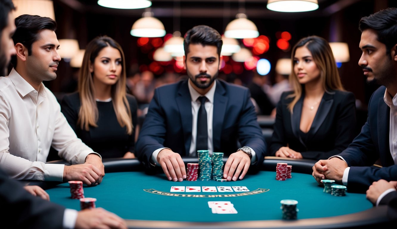 Sebuah meja poker dengan kartu dan chip, dikelilingi oleh pemain dengan ekspresi fokus