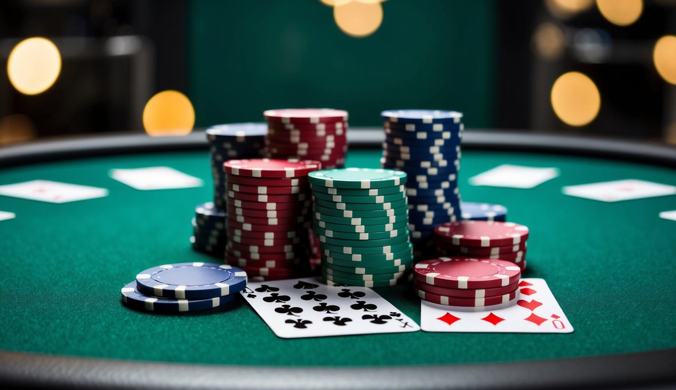 Sekelompok chip poker dan kartu yang diatur di atas meja modern yang ramping dengan permukaan kain hijau