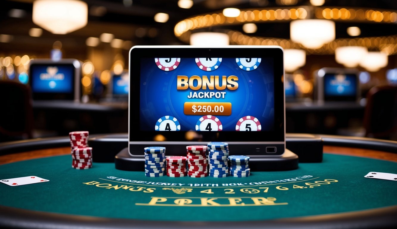 Sebuah meja poker digital dengan kartu, chip, dan jackpot bonus ditampilkan di layar