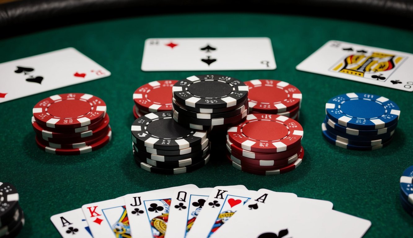 Sekelompok chip poker dan kartu permainan yang disusun di atas meja felt hijau