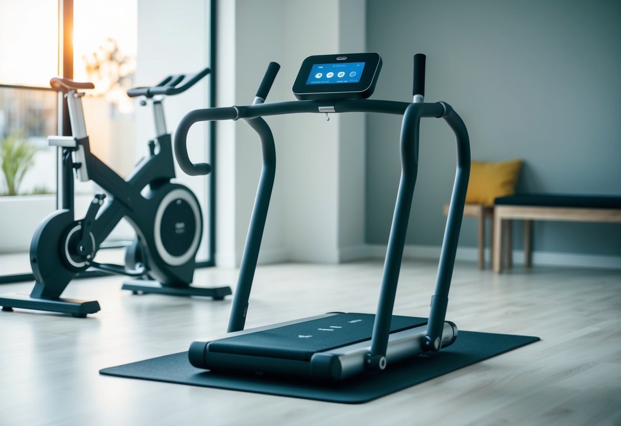 A sleek, compact walking pad with a digital display, surrounded by a modern, minimalist home gym setup