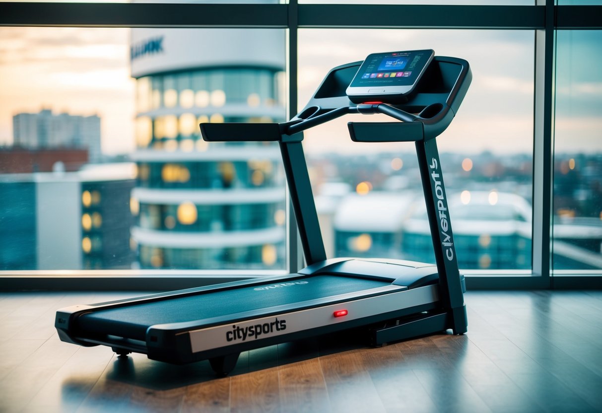 A sleek, modern treadmill with Citysports branding, featuring walking pads and priced under €300