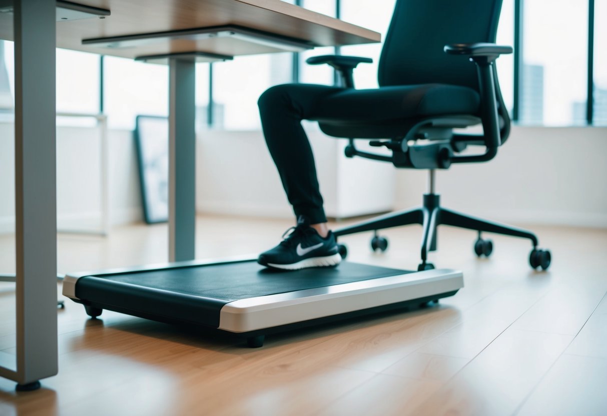 A compact treadmill pad sits beneath a desk, surrounded by a clean and modern office environment