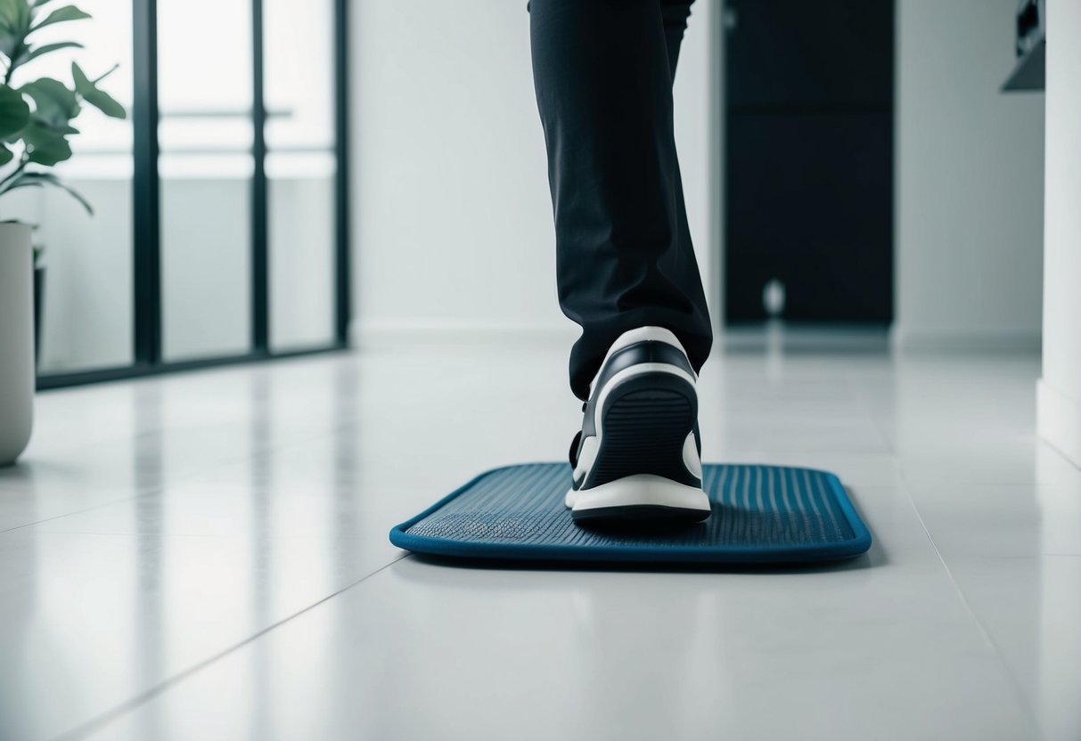 A sleek, modern walking pad sits on a clean, minimalist floor in a well-lit room