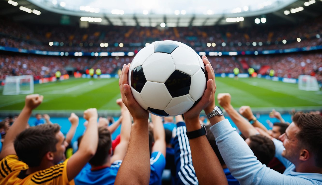 Sebuah bola sepak dikelilingi oleh penggemar yang bersorak di stadion