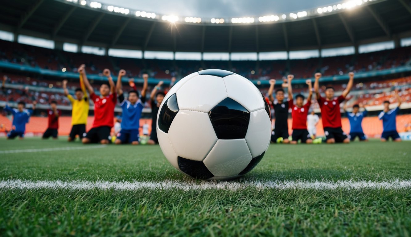 Sebuah bola sepak dikelilingi oleh penggemar yang bersorak di sebuah stadion di Indonesia