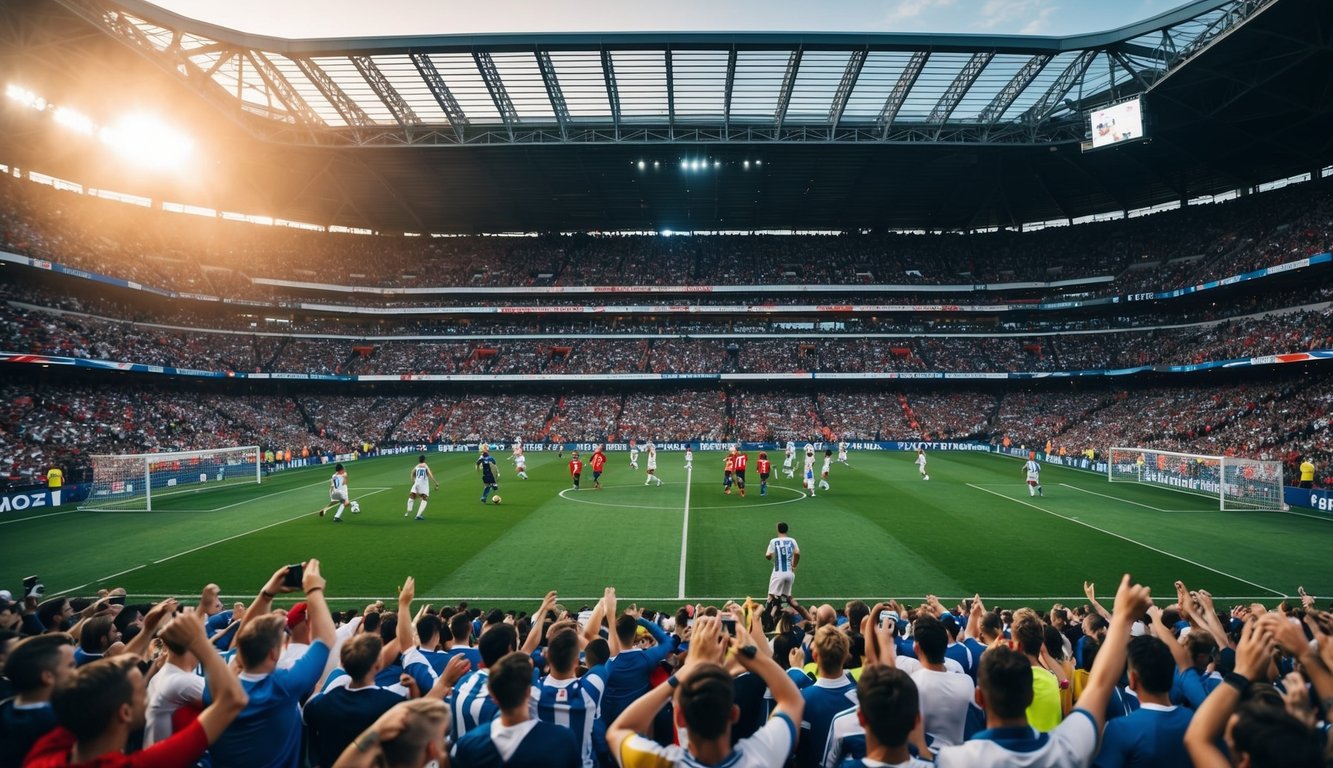 Sebuah stadion sepak bola yang ramai dengan penggemar yang bersorak dan pemain di lapangan