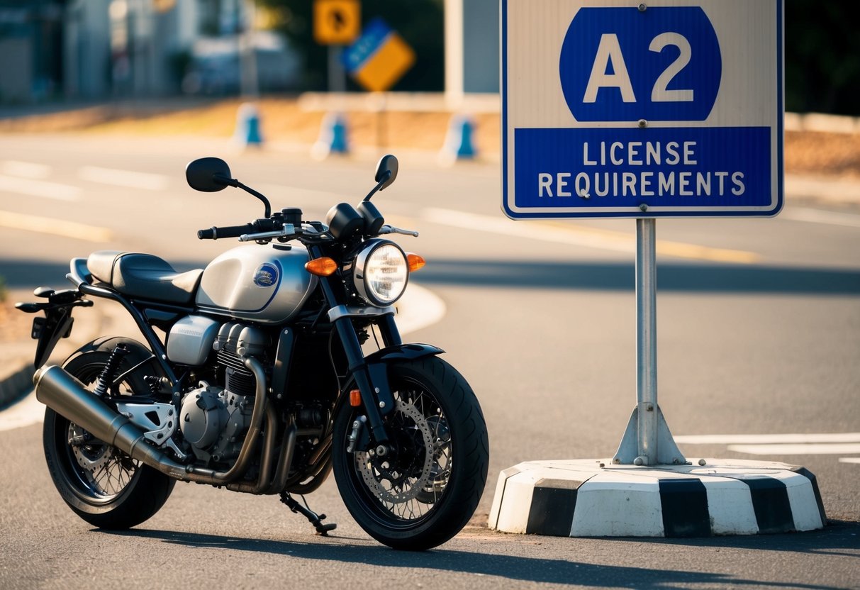 En motorcykel och ett trafikskylt som anger "A2" körkorts krav