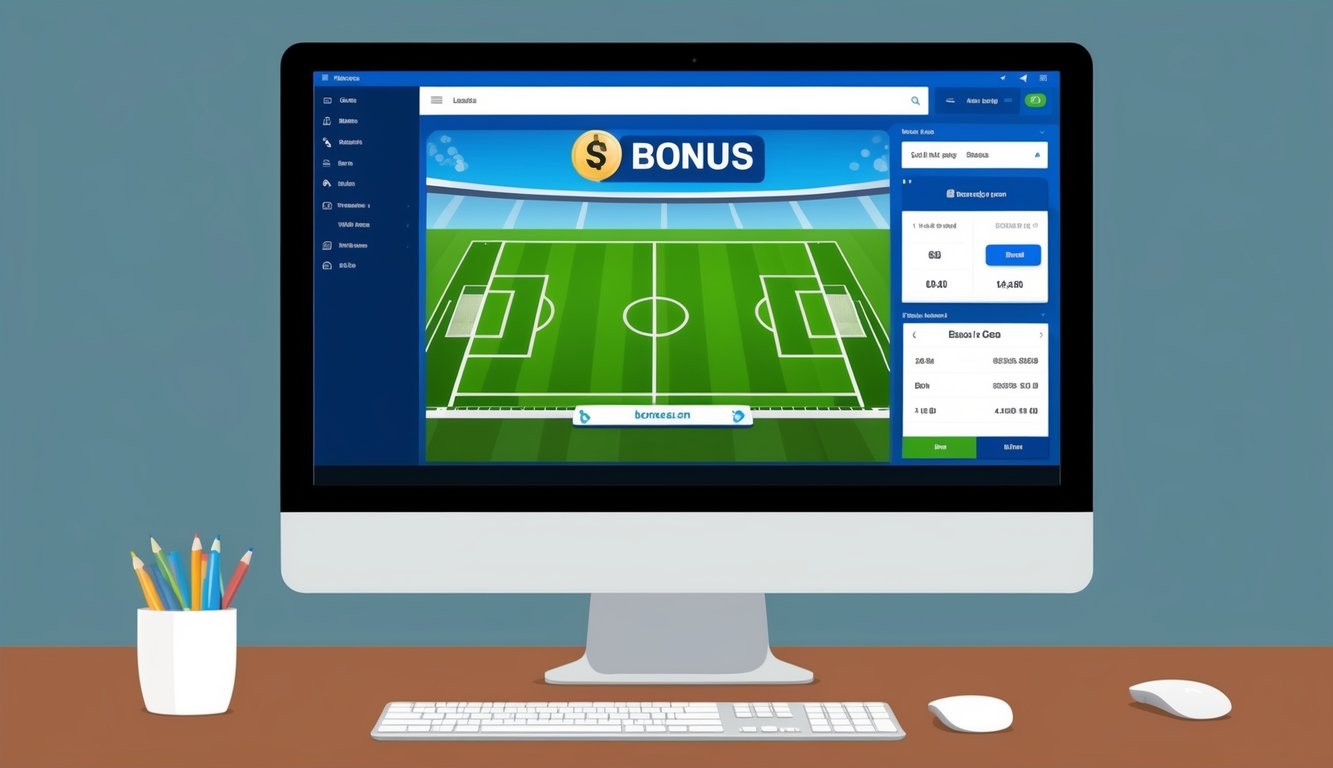 Sebuah layar komputer menampilkan lapangan sepak bola dengan tanda bonus dan antarmuka platform taruhan